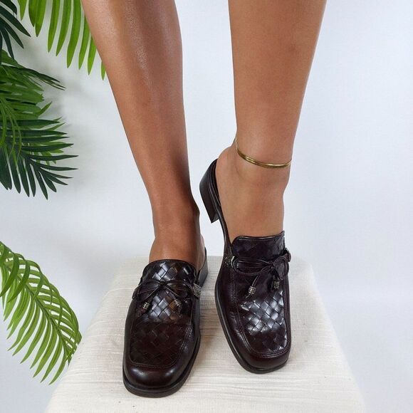 Vintage 90s Brown Dark Academia Slip On Preppy Cottagecore Heeled Mules / 7.5 - Picture 1 of 10